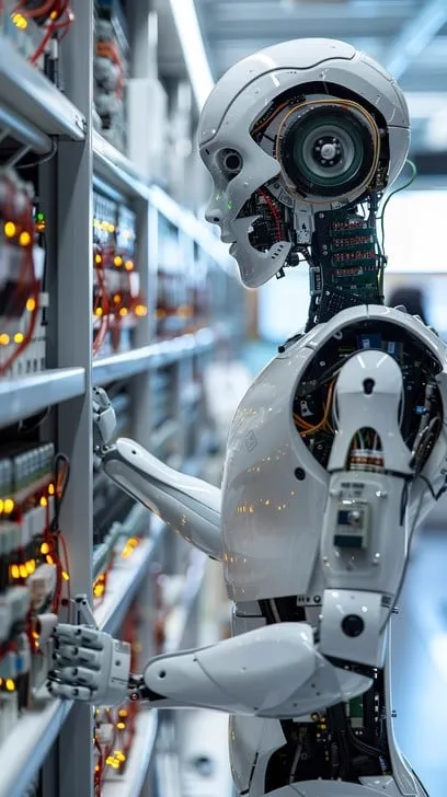 Robot umanoide che lavora su rack elettronici